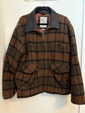 Structure Brown and Black Plaid Zip-Up Jacket with Dark Collar
